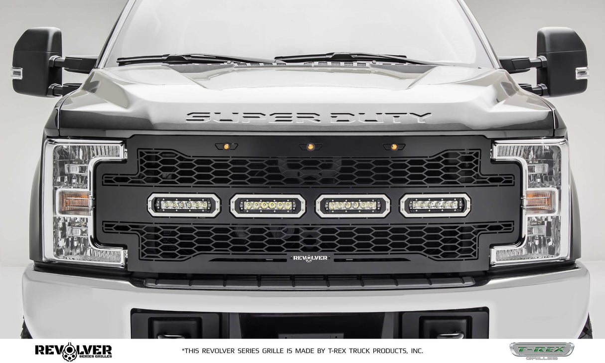 T-Rex Grilles - 1 Pc Laser Cut Pattern Mild Steel Revolver Grille Replacement - Includes Optional Aluminum Accent Trim, Includes (3) Amber running lights, Includes Universal Wiring Harness - 6515641