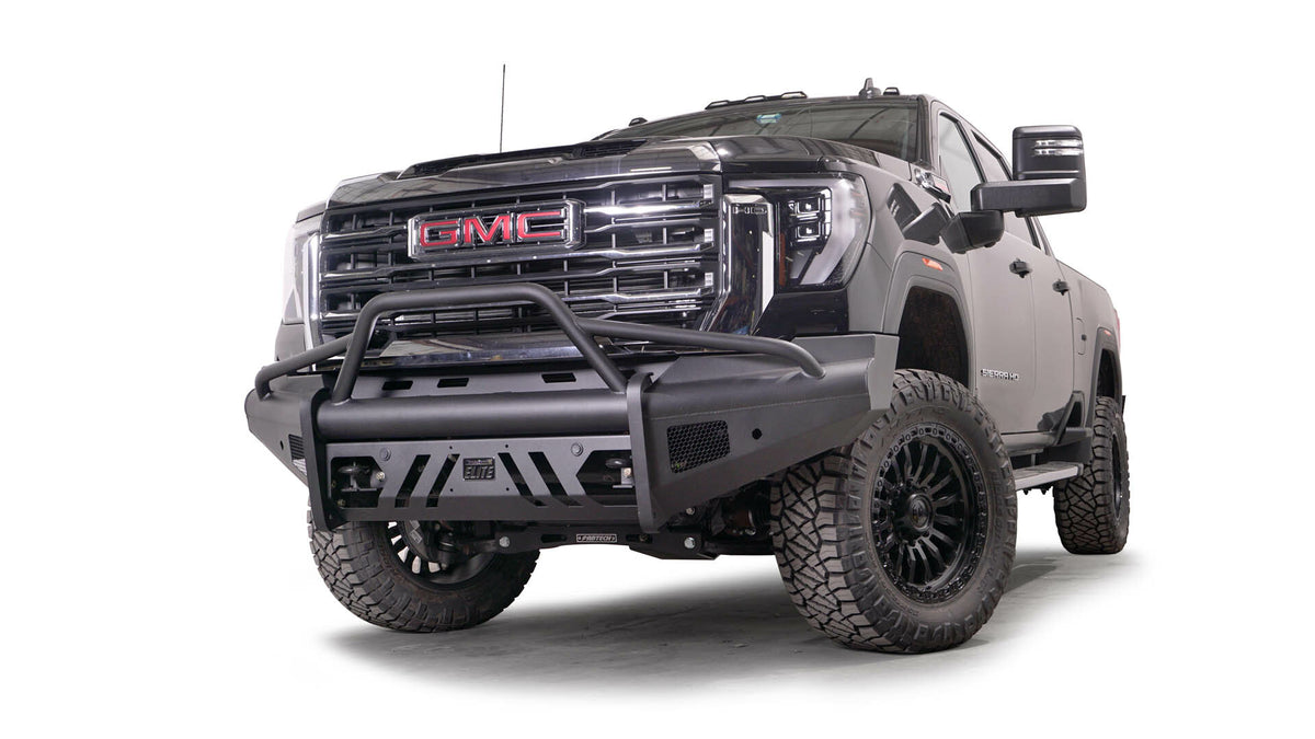 Fab Fours - 2024-2026 GMC HD Black Steel Elite Sensor Front Bumper w/ Pre-Runner Guard - GM24-Q6262-1