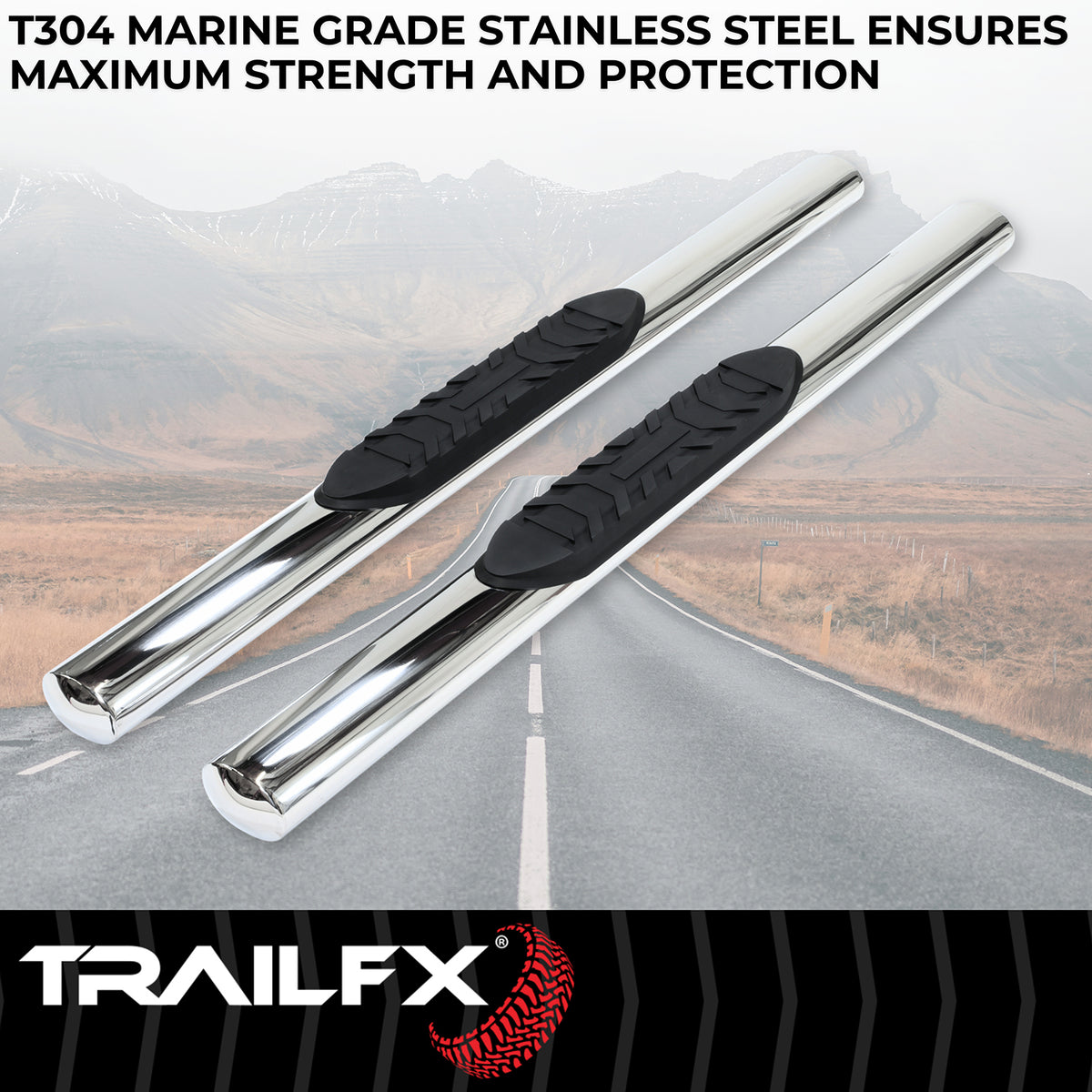 TrailFx - 4" Oval Straight Step Bar For Ford F150-350 Standard- Stainless (A1530S)
