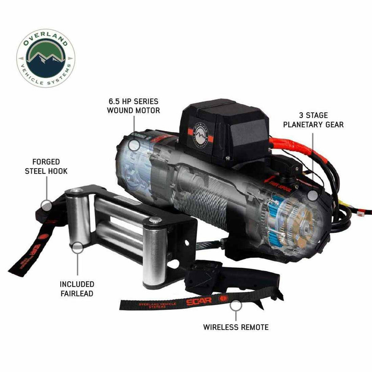 Overland Vehicle Systems - SCAR 10 - 10,000 lb. Winch With Steel Cable and Wireless Remote - 19089901