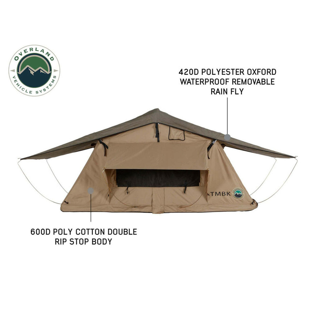Overland Vehicle Systems - LD TMBK 3 Roof Top Tent With Annex - Tan Base With Green Rain Fly, Black Aluminum Base, Black Ladder - 18119733
