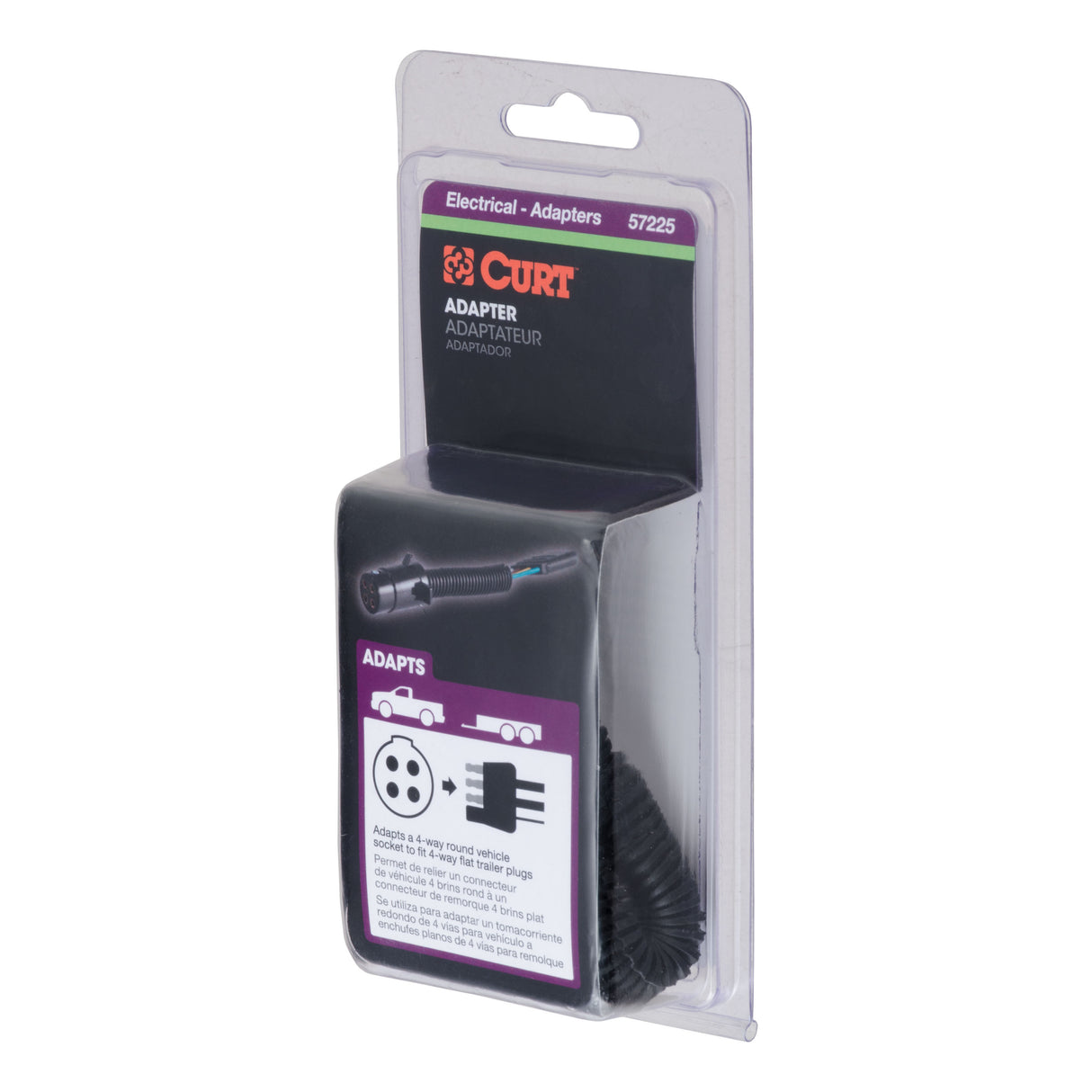 Curt - Electrical Adapter (4-Way Round Vehicle to 4-Way Flat Trailer, Packaged) - 57225
