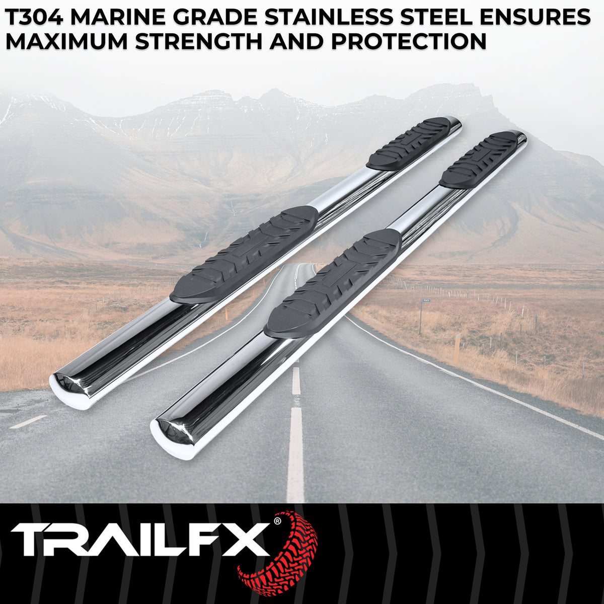 TrailFx - 4" Oval Straight Step Bar For GM Silverado/Sierra Crew- Stainless (A1547S)