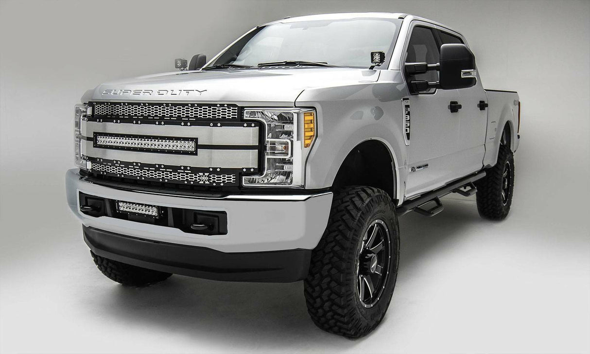 T-Rex Grilles - 1 Pc Laser Cut Pattern Aluminum Torch AL Grille Replacement - Black with brushed aluminum mesh and trim, Includes Universal Wiring Harness - 6315485