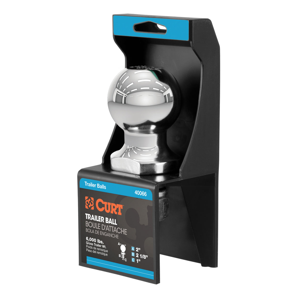 Curt - 2" Trailer Ball (1" x 2-1/8" Shank, 6,000 lbs., Chrome, Packaged) - 40066