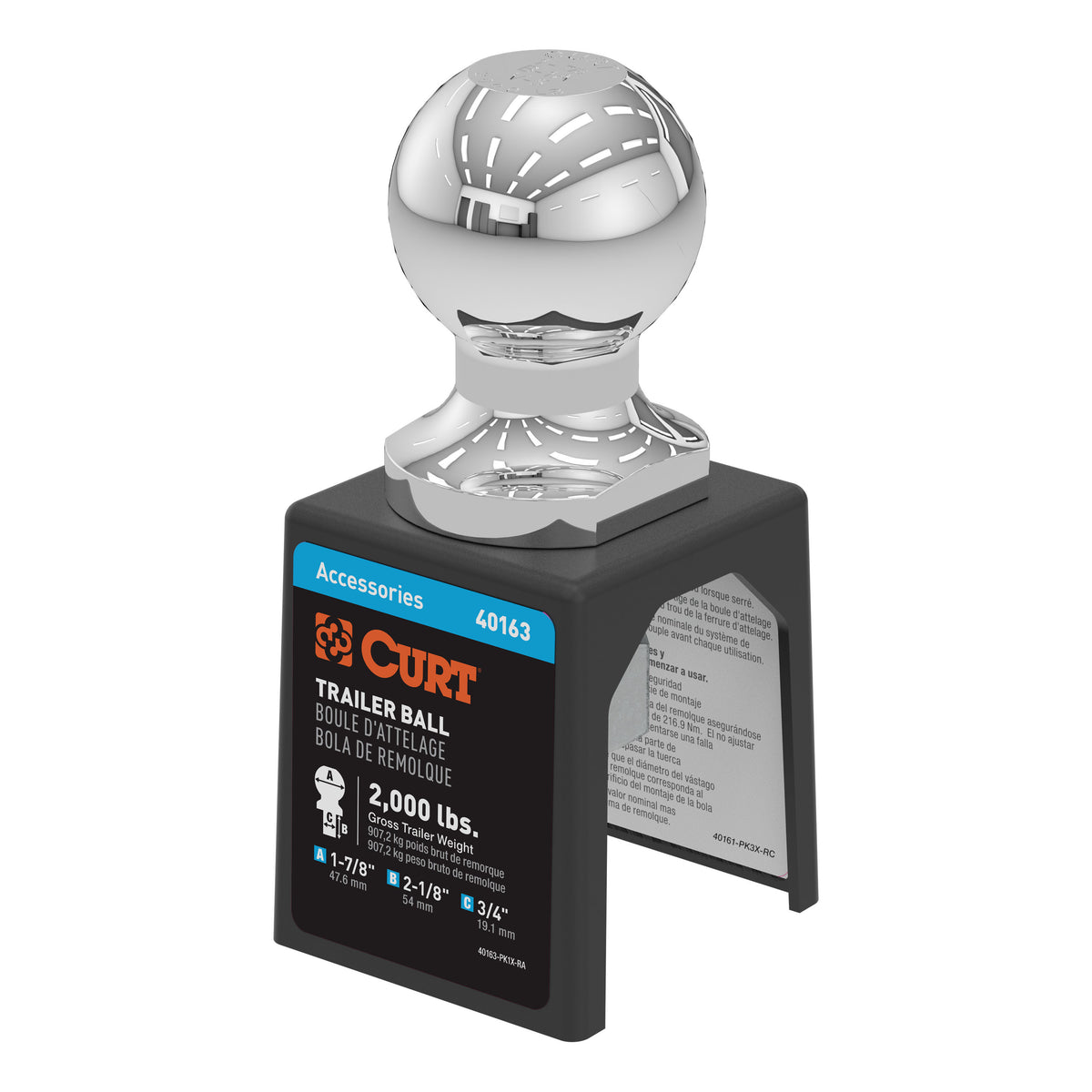 CURT 40163 Chrome Trailer Hitch Ball, 2,000 lbs, 1-7/8-Inch Diameter, 3/4 x 2-1/8-Inch Shank