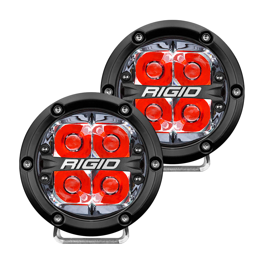 RIGID 360-Series 4 Inch Round LED Off-Road Light, Spot Beam Pattern for High Speeds, Red Backlight, Pair