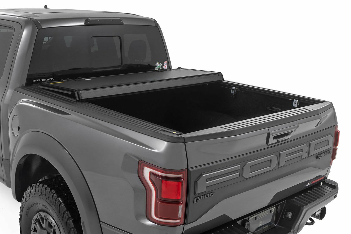 Rough Country - Hard Tri-Fold Flip Up Bed Cover - 5'7" Bed - Ford F-150 (21-23) F-150 Lightning (2022) - 49221550
