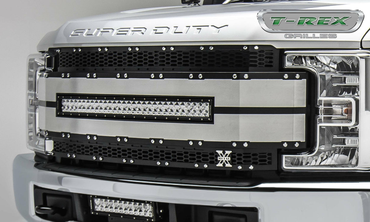 T-Rex Grilles - 1 Pc Laser Cut Pattern Aluminum Torch AL Grille Replacement - Black with black mesh and brushed aluminum and trim, Includes Universal Wiring Harness - 6315493