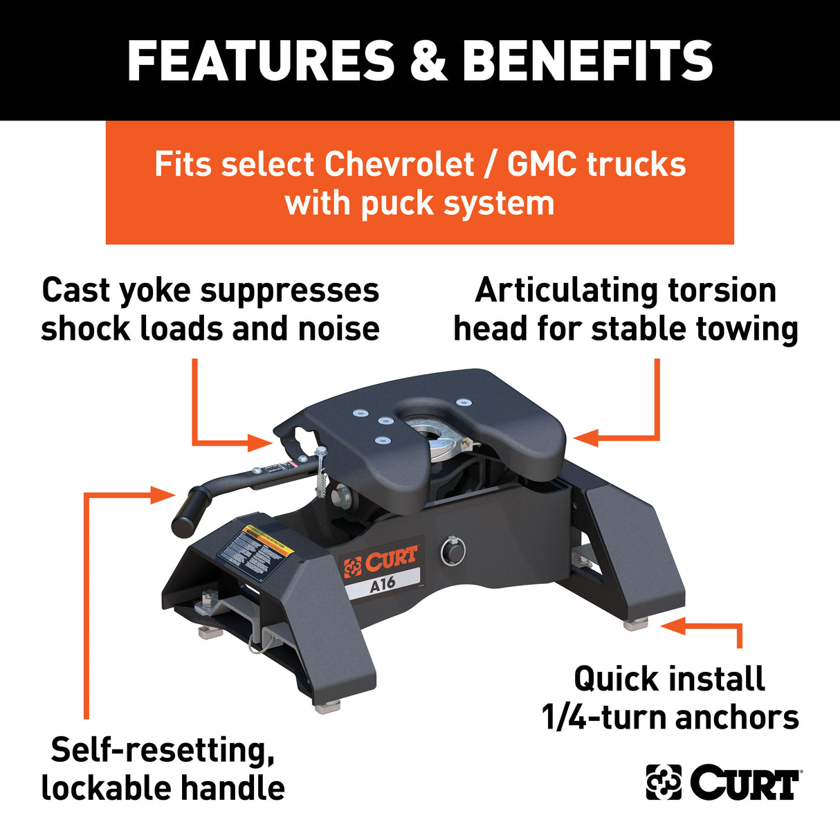 Curt - A16 5th Wheel Hitch, Select Silverado, Sierra 2500, 3500 HD, 8' Bed Puck System - 16091