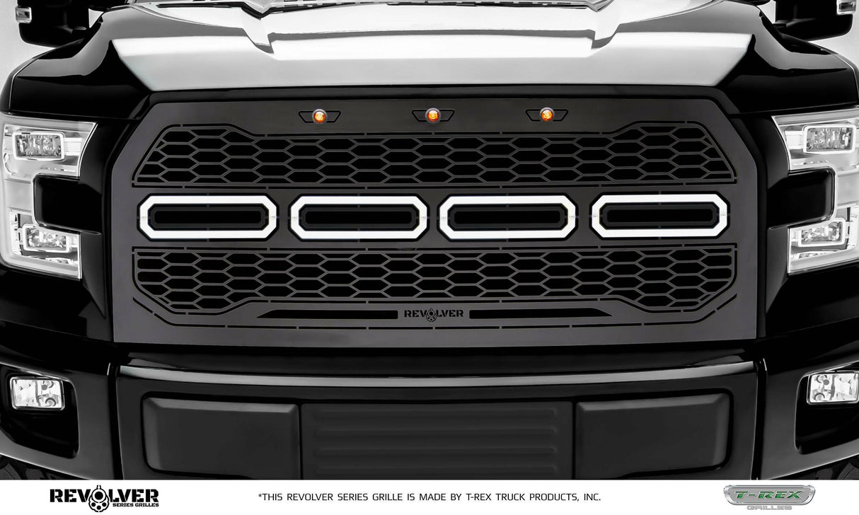 T-Rex Grilles - 1 Pc Laser Cut Pattern Mild Steel Revolver Grille Replacement - Includes Optional Aluminum Accent Trim, Includes (3) Amber running lights, - 6515751