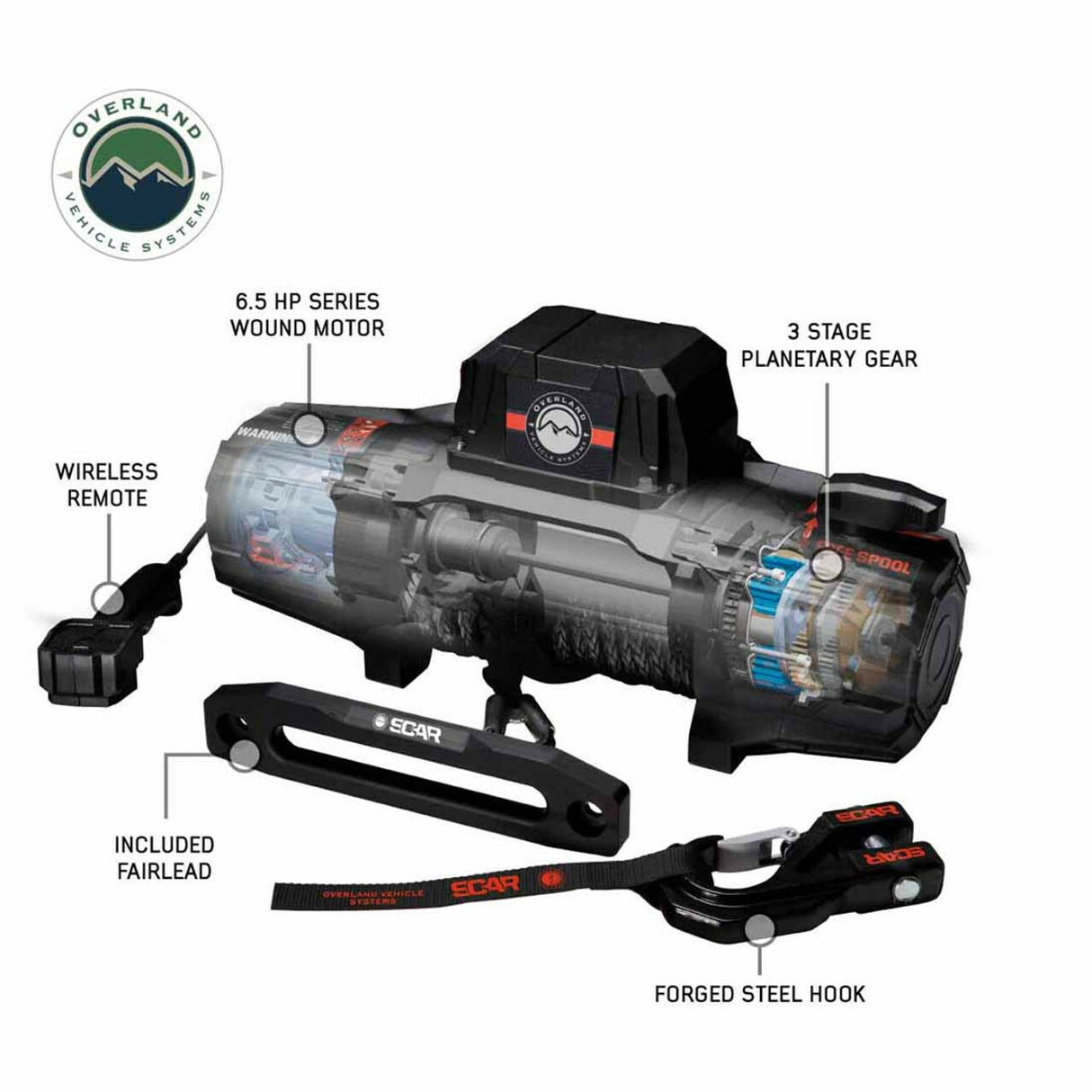 Overland Vehicle Systems - SCAR 12P - 12,000 lb. Winch With Synthetic Rope and Wireless Remote - 19129901