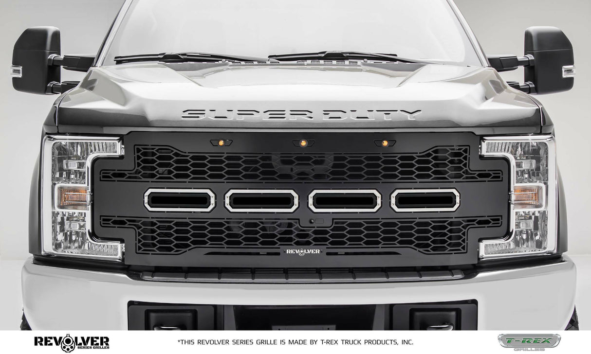 T-Rex Grilles - 1 Pc Laser Cut Pattern Mild Steel Revolver Grille Replacement - Includes Optional Aluminum Accent Trim, Includes (3) Amber running lights, - 6515651