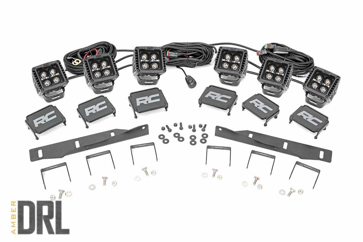 Rough Country - LED Light Kit - Fog Mount - Triple 2" Black Pair - Amber DRL - Ford Raptor (17-20) - 70700DRLA