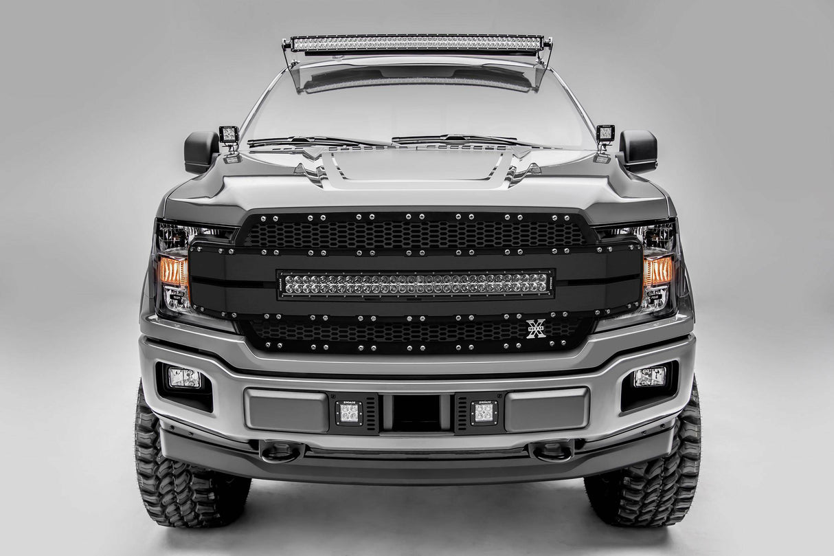 T-Rex Grilles - 1 Pc Laser Cut Pattern Aluminum Torch AL Grille Replacement - Black with black mesh and black trim, Includes Universal Wiring Harness - 6315791